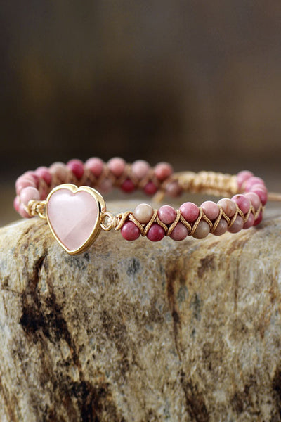 Rose Quartz Heart Beaded Bracelet for Women